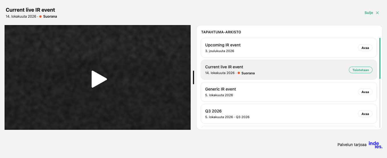 The IR player widget with a live event playing and the event archive open beside it